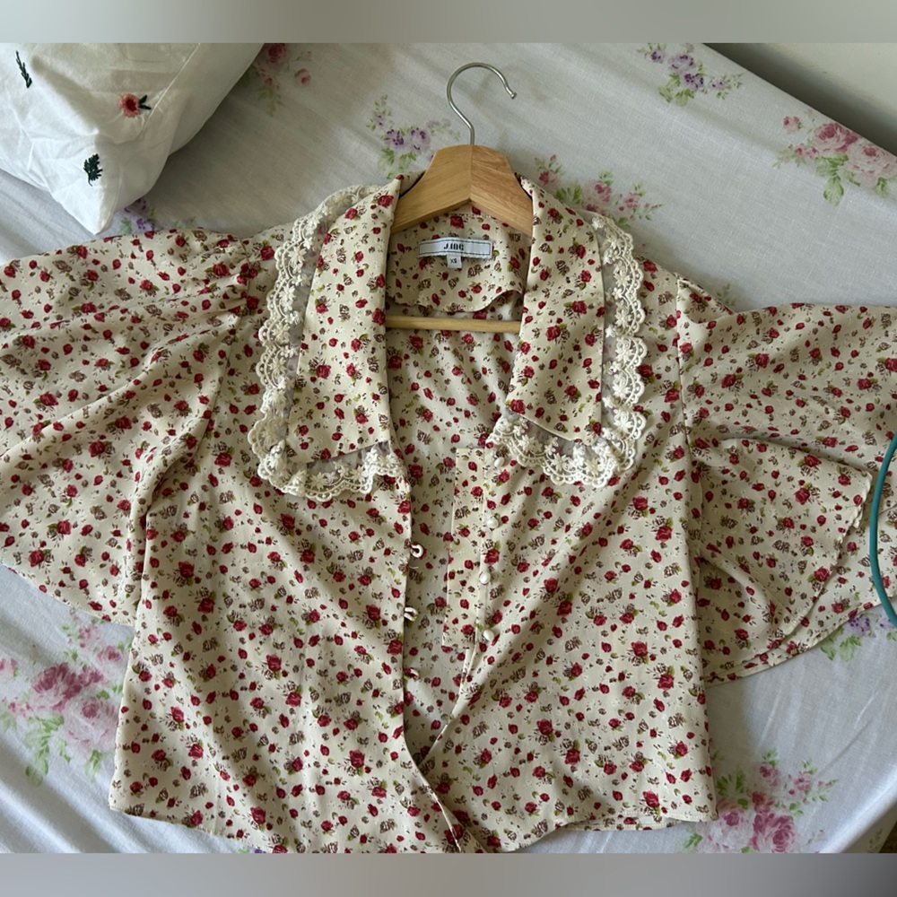 J.ING Floral Lace Trim Blouse - Cream and Red